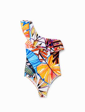 Maillot de bain asymétrique volant, Blanc, XS