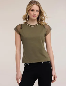 Camiseta de mujer con mangas de tul y bordados joya ajuste regular - Motivi - FashionsVida