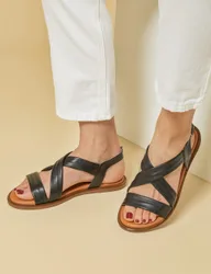 Leather Ankle Strap Flat Sandals Black female