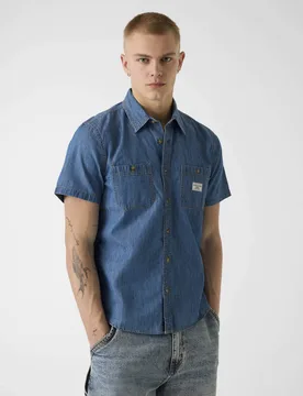 Camicia a maniche corte Jeans blu lavaggio medio in denim di cotone - Guess - FashionsVida