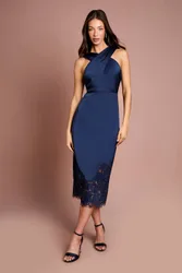Women's Lace Hem Cross Front Halter Satin Dress in Navy Size: 16 - Navy - Size: 16