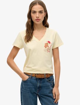 Superdry Damen Lässiges Suika T-shirt in Metallic-optik mit V-ausschnitt Creme - Größe: 40