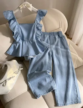 Piezas Conjunto de niña joven de denim (Top sin mangas y falda) - Shein - FashionsVida