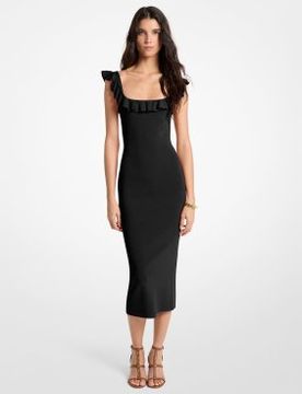 Para mujer. MS683CG33D Vestido midi de viscosa elástica con volantes (M), Casual, Sin mangas / Tirantes