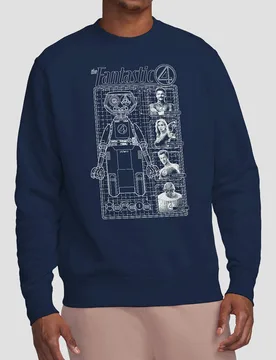 Unisex Fantastic Four First Family & Herbie Blueprint Sweatshirt, Navy Size: Medium - Navy - Size: M - Marvel - FashionsVida