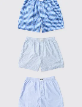 Herren 3er-Pack Gewebte Karo- Und Streifen-Freizeithosen Kurz Blue Größe Large - boohooMAN - FashionsVida