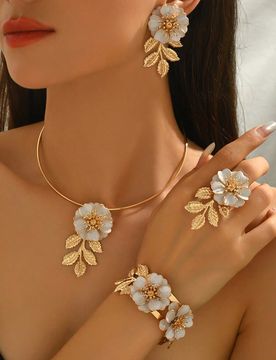 Set de joyería francesa elegante y floral de 5 piezas, que incluye 1 par de aretes, 1 collar, 1 pulsera, 1 anillo, adecuado para bodas, banquetes, mu