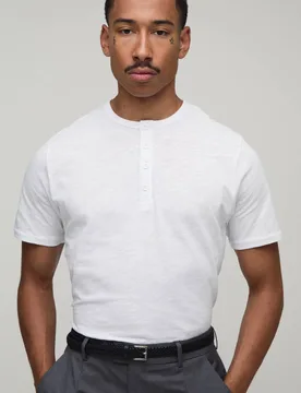 Men's Slim Fit Slub Henley T-Shirt White Size X-Large White XL - boohooMAN - FashionsVida