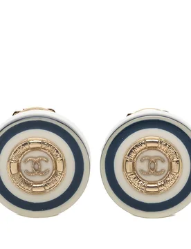 Gold Plated CC Resin Button Clip on Earrings - Chanel - FashionsVida