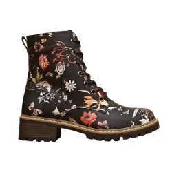 Women's Floral Lace-Up Ankle Boots with Side Zip in Black Size: 7 - Black - Size: 7