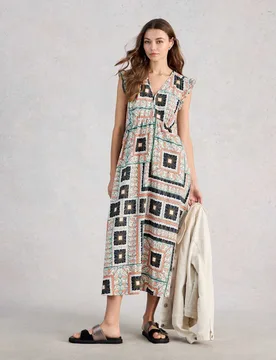 Linen Blend Printed Midi Skater Dress White Mix female - White stuff - FashionsVida