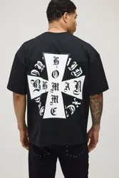 Mens Oversized Bhm Cross Printed Scuba T-Shirt - Black Cotton - Size Small