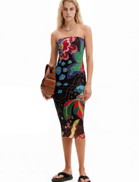 Robe midi bandeau dessins jungle, Polyester, Noir, XL