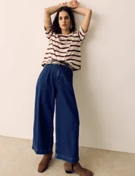 Denim High Waisted Pleat Front Wide Leg Cropped Jeans Dark Indigo female