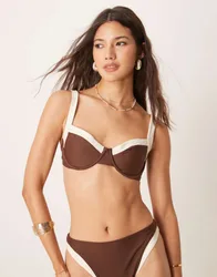 Womens Swim Wide Contrast Binding Bikini Top Co-Ord In Brown - Size Small