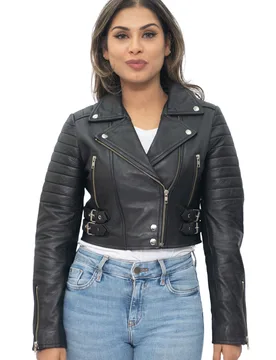 Womens Cropped Brando Biker Jacket-Damascus - Black - Size 22 Uk - Infinity Leather - FashionsVida