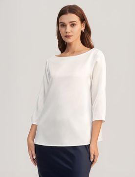 Donna Blusa in Seta Charmeuse Elegante con Scollo a Barchetta Bianco XL