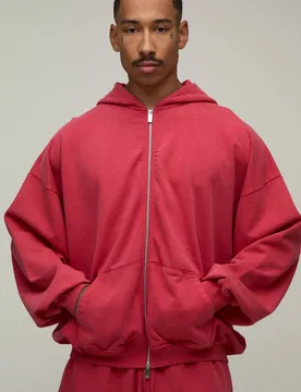 Herren Übergroßer Kastenförmiger Kapuzenpullover Mit Abfallenden Schultern, Schlingenrücken, Waschung Und Durchgehendem Reißverschluss Red Größ - boohooMAN - FashionsVida