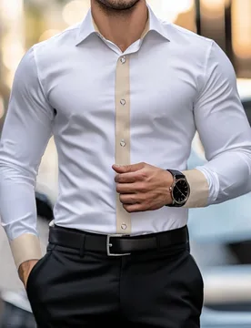 Camisa formal de manga larga para hombre con diseño de borde de patchwork, camisa holgada de botones de bloque de color, regalo para el novio, para c - Shein - FashionsVida