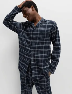 Pure Brushed Cotton Checked Pyjama Set Navy male - M&S - FashionsVida