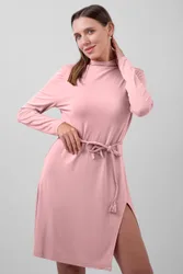 Women's Mock Neck Tie-Belt Mini Dress in Pink Size: 8 - Pink - Size: 8