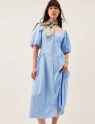 Linen Rich Round Neck Midi Tea Dress Pale Blue female