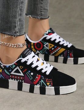 Zapatos casuales de patinaje para mujer con estampado geométrico, bloques de color, cómodos y versátiles, zapatos planos para deportes al aire libr