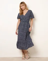 Angel Sleeve Shirred Waist Tier Hem Midi Dress - M / NAVY - female