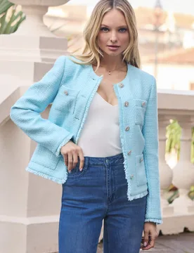 Bouclé Embellished Button Collarless Jacket Blue female - Sosandar - FashionsVida