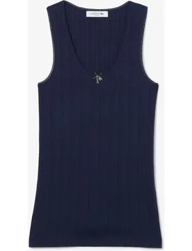 Top de tirantes de corte ajustado de punto algodón pointelle en azul de manga corta - Lacoste - FashionsVida
