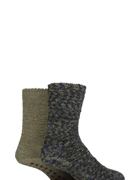 Men's 2 Pair Cosy Slipper Socks with Grip Khaki 7-11 - Green - Size: 7-11 Mens - SockShop - FashionsVida