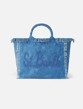 Borsa Vanity Regular in denim di cotone blu con scritto logo patch e frange - MC2 SAINT BARTH - FashionsVida