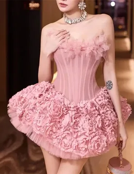 Pink Evening Dress 2 Pcs Skirt Set Sexy Corset Top Bra+Short Pants Party Robe 3D Flower Lace Up Back Formal Prom Wedding Gown - Aliexpress - FashionsVida