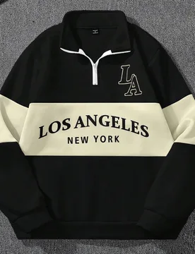 Sudadera casual con media cremallera, gráfico de letras y bloqueo de color de manga larga para hombres, otoño - Shein - FashionsVida