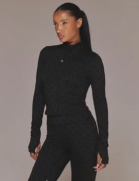 Chaqueta activa de terciopelo con cremallera y lunares, solo para deporte, entrenamiento, gimnasio, Pilates, fitness y uso diario - Shein - FashionsVida