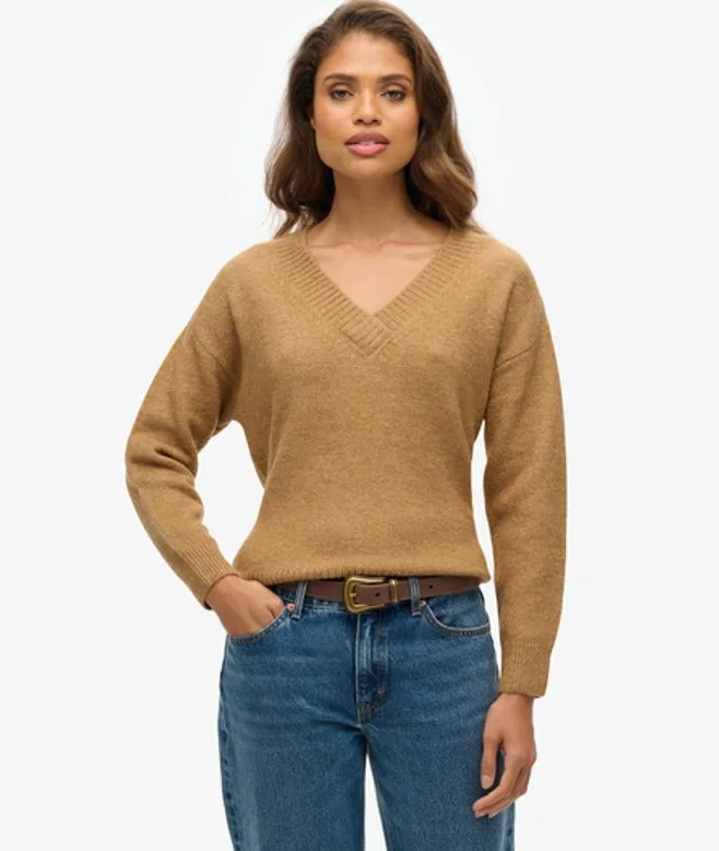 Superdry Damen Pullover mit V-ausschnitt in Übergröße Beige - Größe: 34 - 89.99 - FashionsVida
