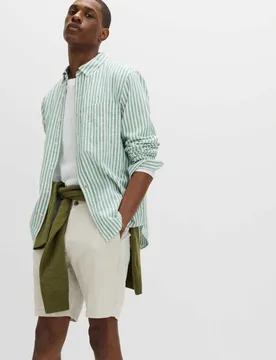 Linen Cotton Blend Striped Shirt Green Mix male - M&S - FashionsVida