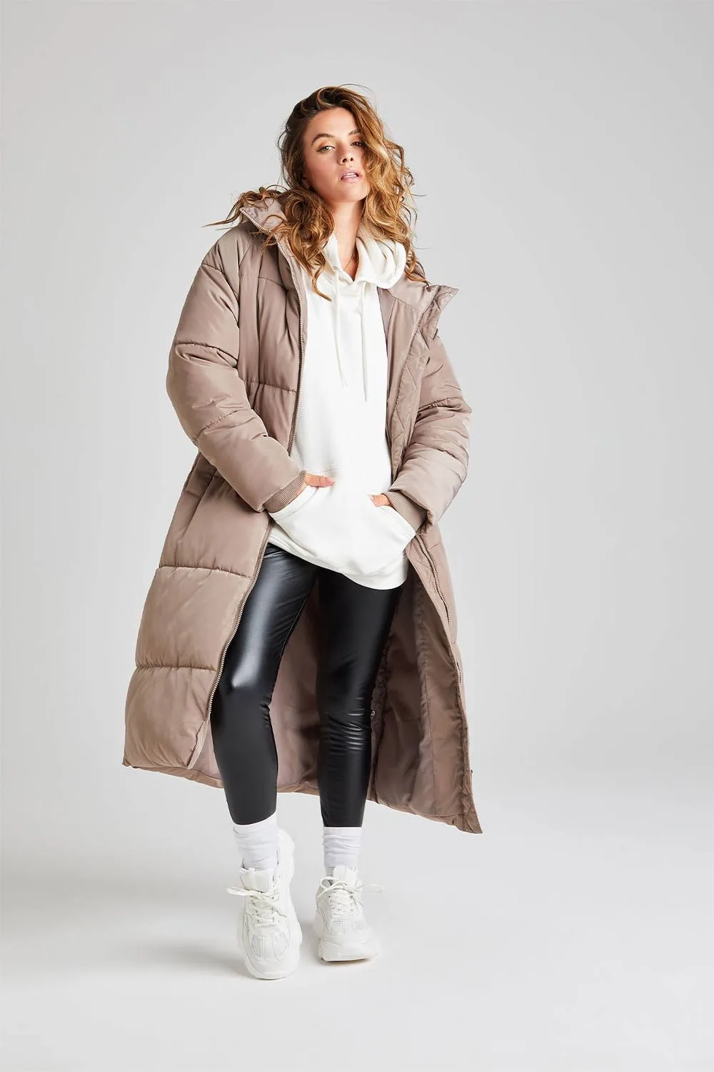 Longline Puffer Jacket - Light Brown - Size: 14 - Urban Bliss - FashionsVida