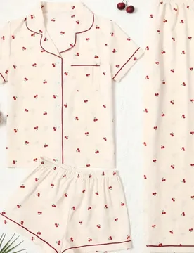Conjunto de 3 piezas para mujer compuesto por top de manga corta con estampado de cerezas, shorts y pantalones de pijama, ropa de estar por casa infor - Shein - FashionsVida