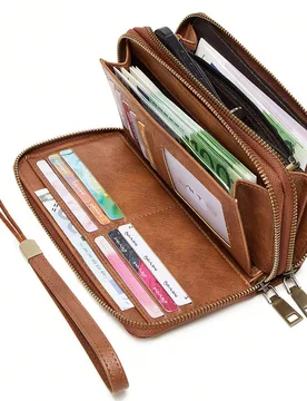 Cartera vintage de doble cremallera y gran capacidad, bolso de mano de moda, monedero de muñeca para mujer con múltiples ranuras para tarjetas y bol - Shein - FashionsVida