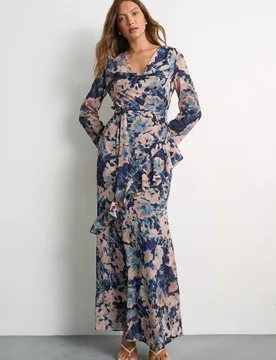 Long Sleeve Cowl Neck Floral Print Ruffle Detail Maxi Dress - Multicolor - Size: 10 - Warehouse - FashionsVida