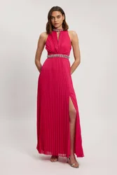 Petite Crystal Embellished Woven Split Maxi Dress - Hot Pink - Size: 6