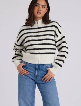Women's Ribbed Stripe Zip Cardigan Sweater in White Size: Large - White - Size: L - Urban Bliss - FashionsVida