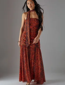 Womens Petite Chiffon Neck Tie Bandeau Ruched Maxi Dress - Orange - Size 6 Uk - Warehouse - FashionsVida