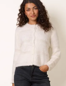 Women's Off White Long Sleeve Round Neck Cardigan Sweater in Cream Size: Small/Medium - Cream - Size: S/M - Blue Vanilla - FashionsVida