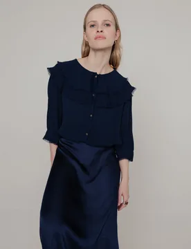 Keira Split Collar Blouse In Navy - 6 - Lily and Lionel London Limited - FashionsVida