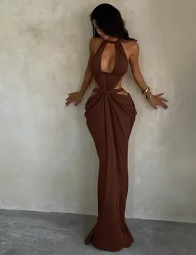 Solid Color Women's Pleated Sexy Bodycon Dresses Halter Neck, Waist-cinching, Sleeveless, Long Ball Gown Dress Party Long Robe - Aliexpress - FashionsVida