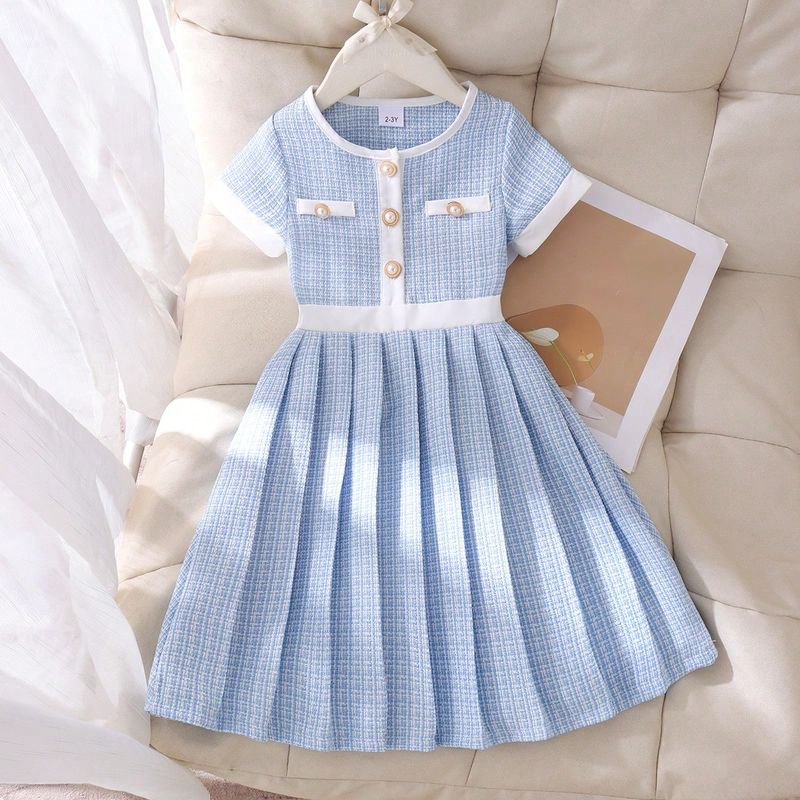 Pieza Vestido elegante de tweed de manga corta para niñas jóvenes, estilo delgado de verano