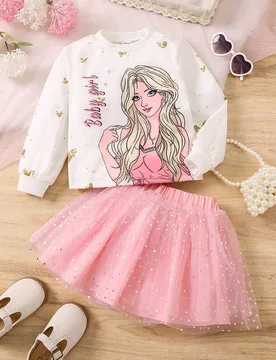 Conjunto de 2 piezas para niña joven con sudadera con adorno de dibujos animados y falda de lentejuelas de malla - Shein - FashionsVida