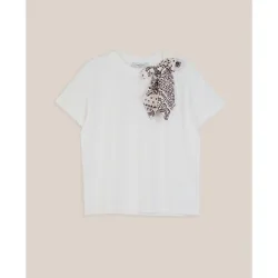 Camiseta de mujer de algodón con lazo en el cuello